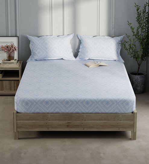 Monkler Powder Blue 100% Cotton Check King Size Bedsheet with 2 Pillow Covers